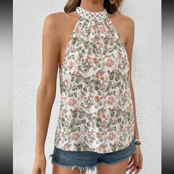 Boho Floral Print Keyhole Back Halter Neck Lace Tie Back Top Blouse Shirt - Picture 7 of 14